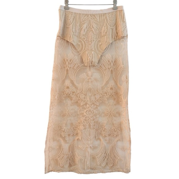 ANTHROPOLOGIE Sheer Lace Embroidered Maxi Skirt Rose Color Size M NEW Demure - Picture 5 of 13